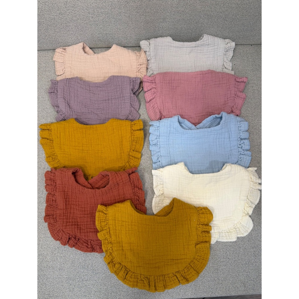 9pc lot Muslin Cotton Ruffle Baby Bibs Set Gauze Snap Drool Bibs Multi Color